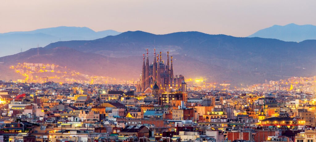 Aerial Panorama view of Barcelona city skyline and Sagrada familia at dusk time,Spain; Shutterstock ID 785442694; Purchase Order: -